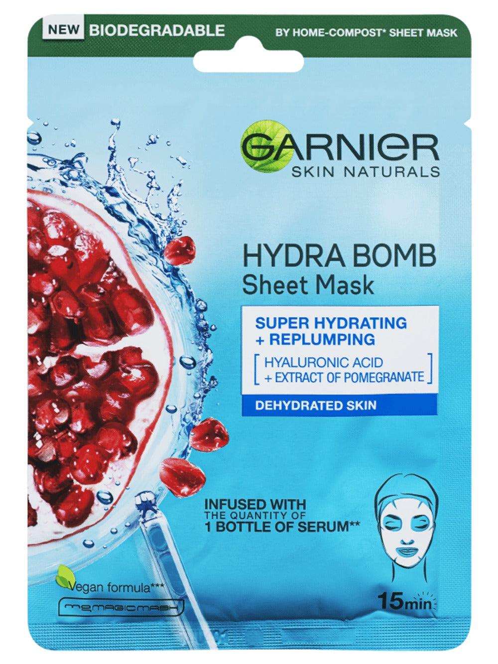 Garnier Tissue Face Mask Hydra bomb With Pomegranate Extract + Hyaluronic Acid גרנייר מסיכת פנים להענקת לחות עם תמצית רימון + חומצה היאלורונית-GLAM42