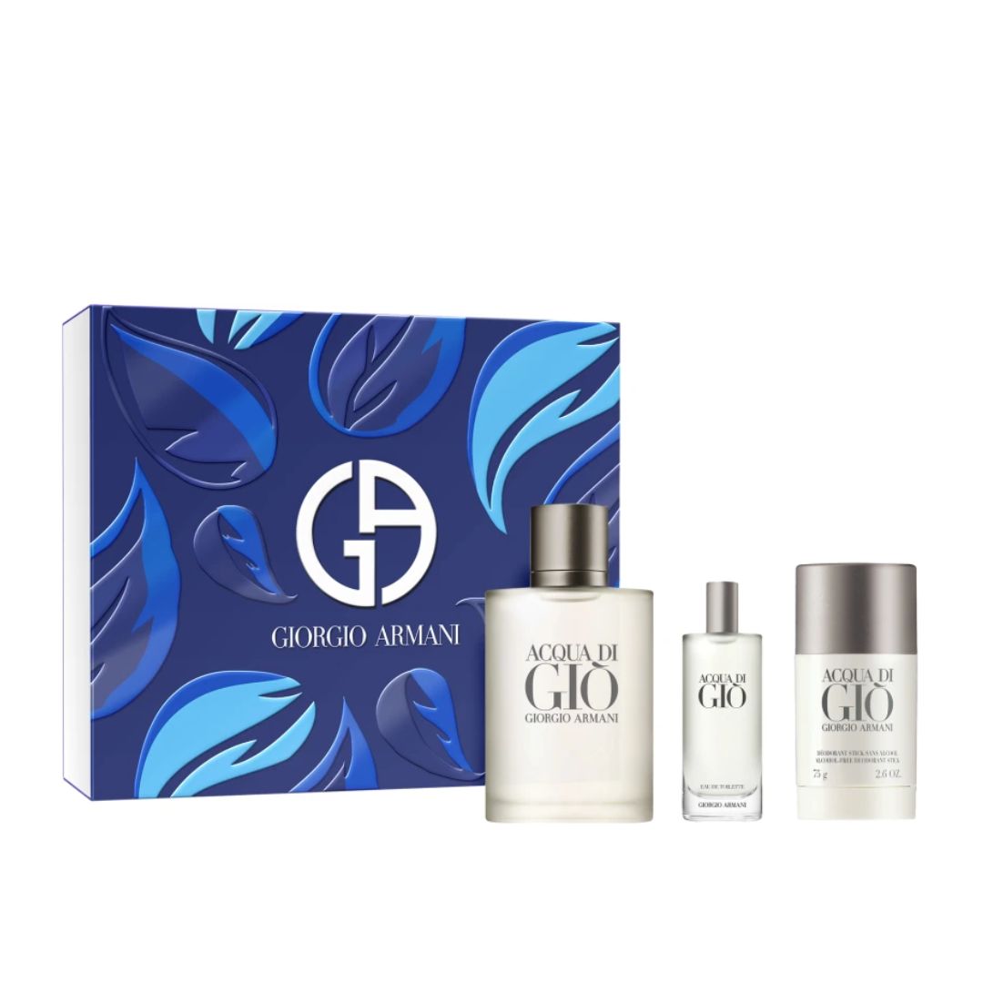Giorgio Armani Acqua Di Gio EDT Set 100ML+15ML+75ML ג'ורג'יו ארמני מארז בישום לגבר אקווה די ג'יו א.ד.ט 100 מ"ל+15 מ"ל+דאודורנט 75 מ"ל-GLAM42