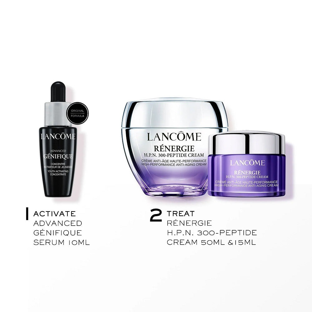 Lancome Renergie H.P.N. 300-Peptide Cream Set | ארז טיפוח לנקום לאישה קרם פנים 50 מ"ל + קרם לילה 15 מ"ל + סרום ג'ניפיק 10 מ"ל
