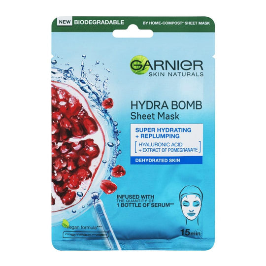 Garnier Tissue Face Mask Hydra bomb With Pomegranate Extract גרנייר מסיכת פנים להענקת לחות עם תמצית רימון + חומצה היאלורונית